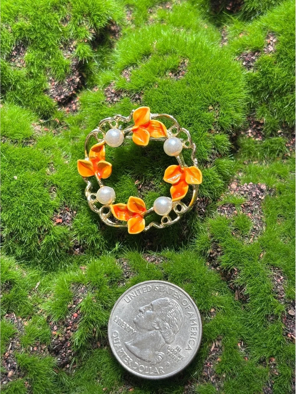 Vintage Floral Wreath Brooch with Orange Enamel Flowers and Faux Pearls